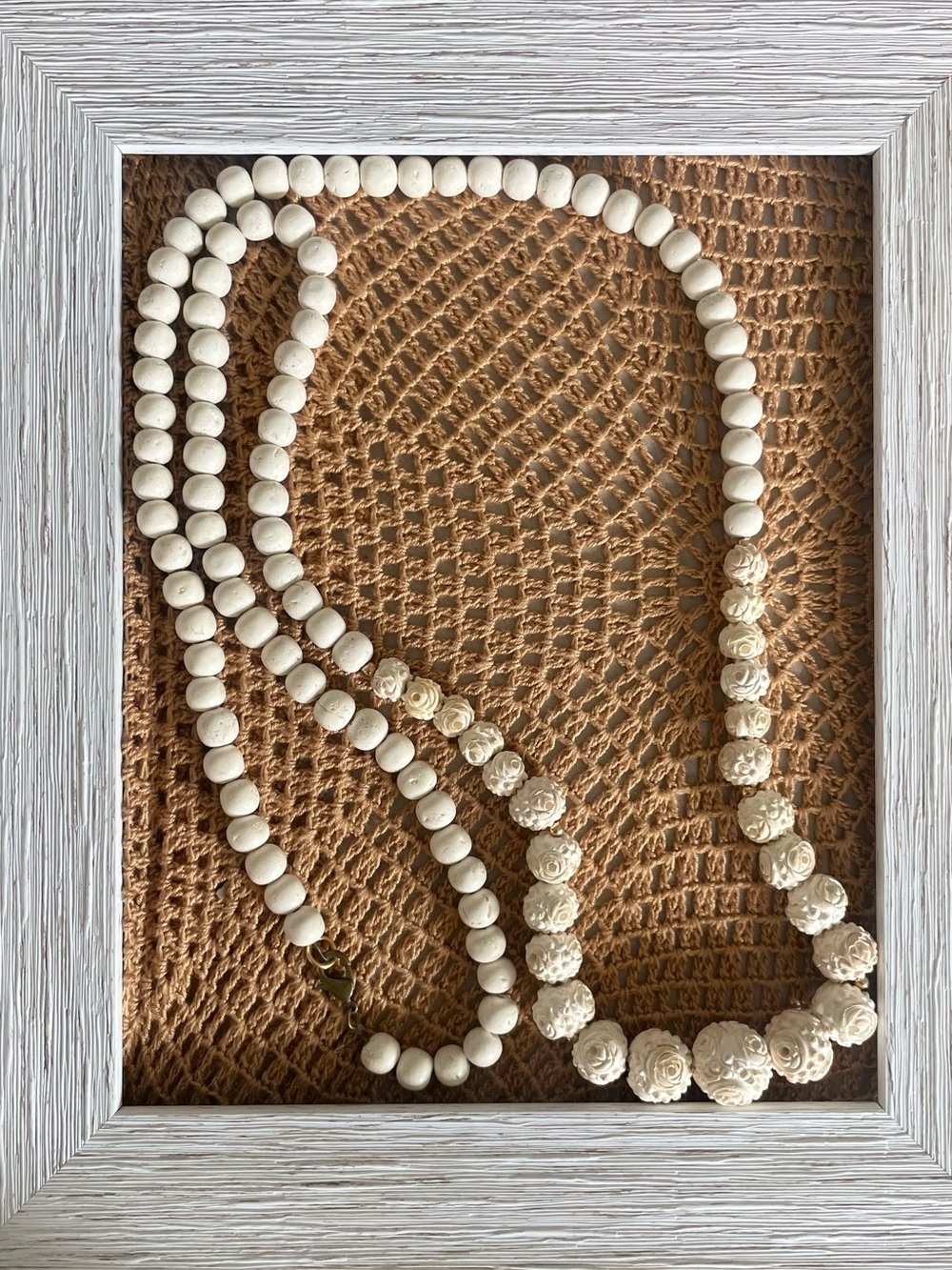 Vintage White Beaded Textured Floral Long Necklace